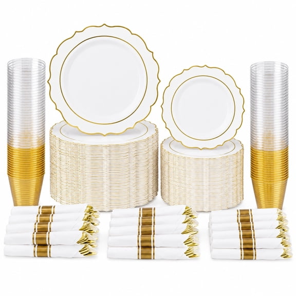 350PCS white plastic plates, gold plastic dinnerware sets for party and wedding: white plates, gold cups and silverware, elegant disposable tableware with pre-rolled napkins