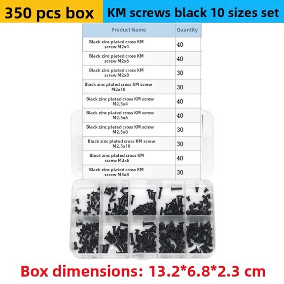 350Pcs Black Flat Head Self Tapping Screws Kit M2 M2.5 For M3 Carbon Steel Assortment Set For Home Repair