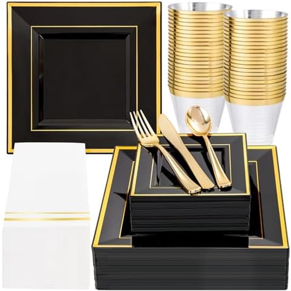 350Pcs Black and Gold Plastic Plates-50Guests Disposable Square Black Dinnerware Set include 100 Plastic Plates,50Cups,150Plastic Cutlery,50Napkins for Party &Wedding&New Year