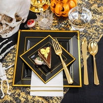 350Pcs Black and Gold Plastic Plates - 50 Guests Disposable Square Black Dinnerware Set