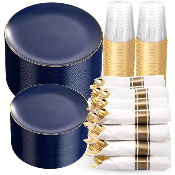350Pcs Blue and Gold Plates -Heavy Duty Navy Blue Dinnerware Set - 100 Plastic Plates 50 Pre Rolled Napkins with Gold Plastic Silverware 50 Cups for Birthday/Wedding/Parties/Passover/Ramadan
