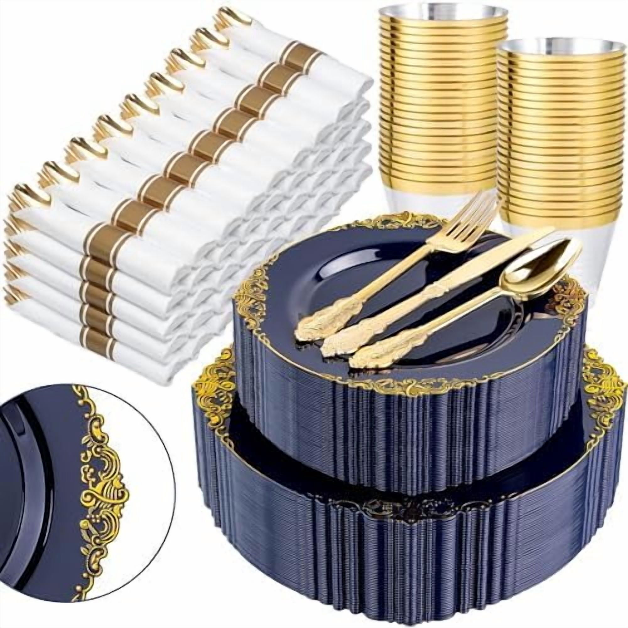 350Pcs Blue Plastic Plates - Blue Gold Plastic Dinnerware Sets for 50 ...