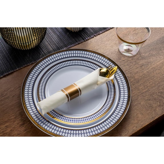 350Pcs Blue and Gold Plastic Silverware Set for 50 Guests