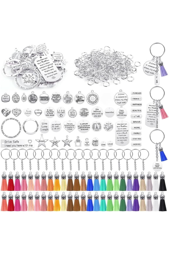350Pcs Bulk Keychain Making Supplies, Zinc Alloy Engraved Motivational Words Charms & Colorful Leather Tassels, Complete DIY Jewelry Craft Kit for Adults, Teens, Party Favors