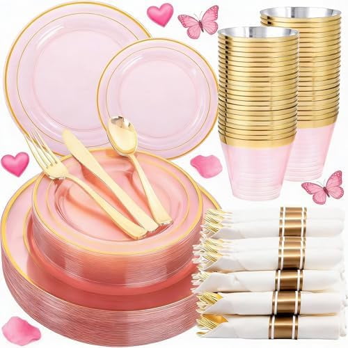 350Pcs Clear-Pink Plastic Dinnerware- Pink and Gold Plastic Dinnerware include 50 Dinner Plates, 50 Dessert Plates, 150 Gold Silverware, 50 Cups and 50 Napkins Perfect for Parties