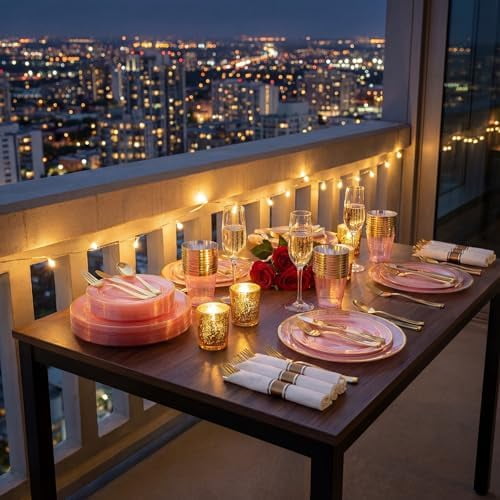 350Pcs Clear-Pink Plastic Dinnerware- Pink and Gold Plastic Dinnerware include 50 Dinner Plates, 50 Dessert Plates, 150 Gold Silverware, 50 Cups and 50 Napkins Perfect for Parties