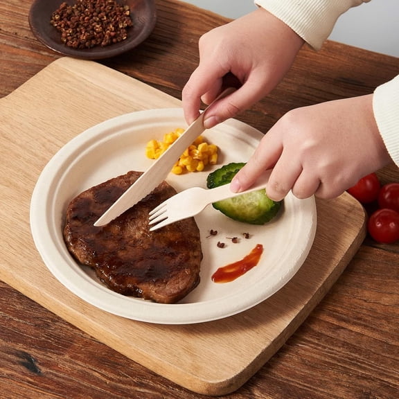 350Pcs Dinnerware Set - Dinner Plates, Wooden Cutlery, Napkins - Plant-Based Material, Microwave & Freezer Safe