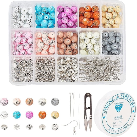 350Pcs Glass Beads for Jewelry Making kit 10 Colors 8mm Baking Painted Drawbench Glass Beads 5 Styles Alloy Spacer Beads & Crystal Thread & Scissors