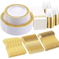 thumbnail image 1 of 350Pcs Gold Dinnerware Sets, Plates and Napkins Party Supplies Include:50 Dinner Plates, 50 Dessert Plates, 50 Paper Napkins, 50 Cups, 50 Gold Plastic Cutlery Set, 1 of 8