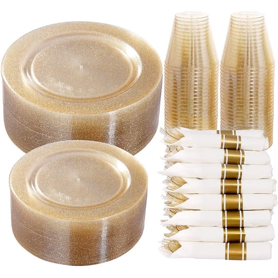 350Pcs Gold Glitter Dinnerware Set 50 Guest for Party Gold Plates Disposable - 50 Dinner Plate,50 Dessert Plate,50 Per Rolled Napkins with Gold Cutlery,50 Plastic Cups 9 OZ for Party Wedding