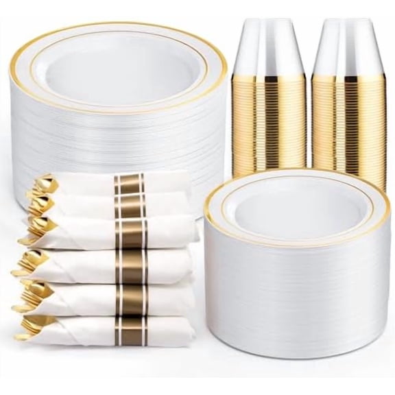 350Pcs Gold Plastic Plates for 50 Guests - Plastic Dinnerware Set, Includes 100 Party Plates,150 Gold Silverware Disposable,50 Napkins,50 Cups,Disposable Plates for Party and Wedding