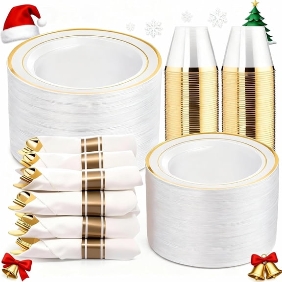 MY 350Pcs Gold Plastic Plates for 50 Guests - Plastic Dinnerware Set, Includes 100 Party Plates,150 Gold Silverware Disposable,50 Napkins,50 Cups,Disposable Plates for Party and Christmas