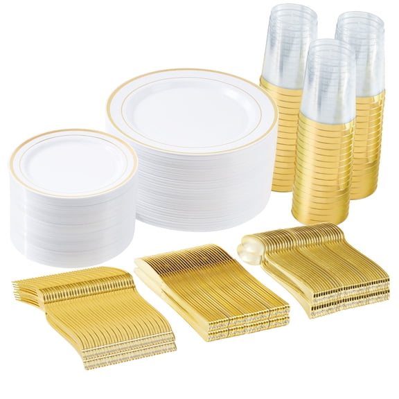 350Pcs Gold Plastic Plates Sets - Dinnerware Sets for 50 Guests - 100 Disposable Plates,150 Silverware,50 Cups,50 Napkins for Wedding Party Thanksgiving