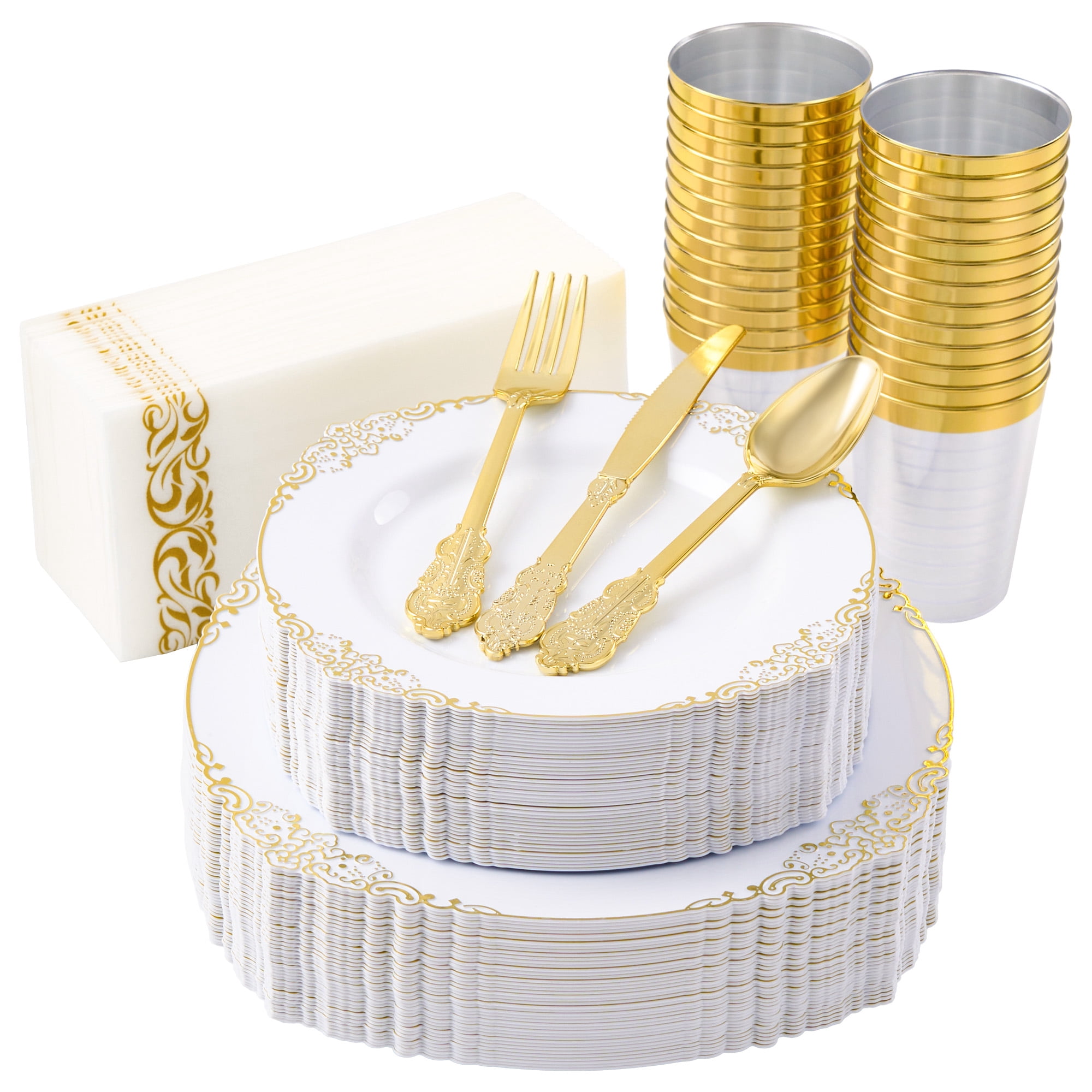 350Pcs Gold Plastic Plates Sets - Dinnerware Sets for 50 Guests,Decorative Plates for Festival Wedding Party