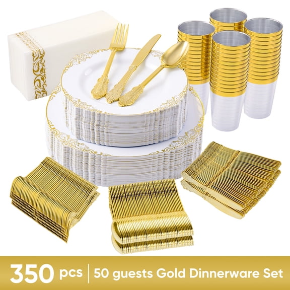 350Pcs Gold Plastic Plates Sets - Dinnerware Sets for 50 Guests,Decorative Plates for Festival Wedding Party