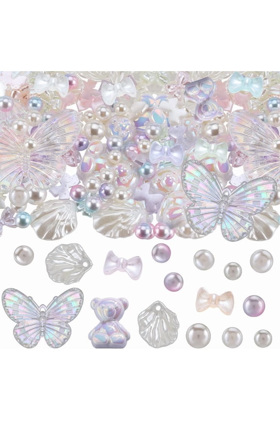 350Pcs Resin Charms Flatback Beads Charms 3D Plastic Pearl Beads Flower Petal Charms Bowknot Butterfly Cabochon Charm Bear Flatbacks