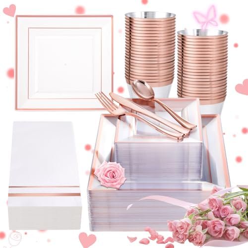 350Pcs Rose Gold Plastic Plates - Clear Rose Gold Disposable Dinnerware Sets for 50Guests include 100 Plates 50 Cups 50Plastic Cutlery 50Napkins for Party&Wedding& Valentine's Day