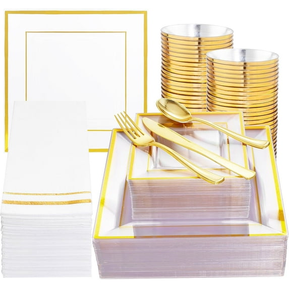 350Pcs Rose Gold Plates and Napkins Party Supplies-Square White and Rose Gold Disposable Dinnerware include Plates Cups Cutlery Napkins for 50 Guests Wedding &Party&Mother's Day