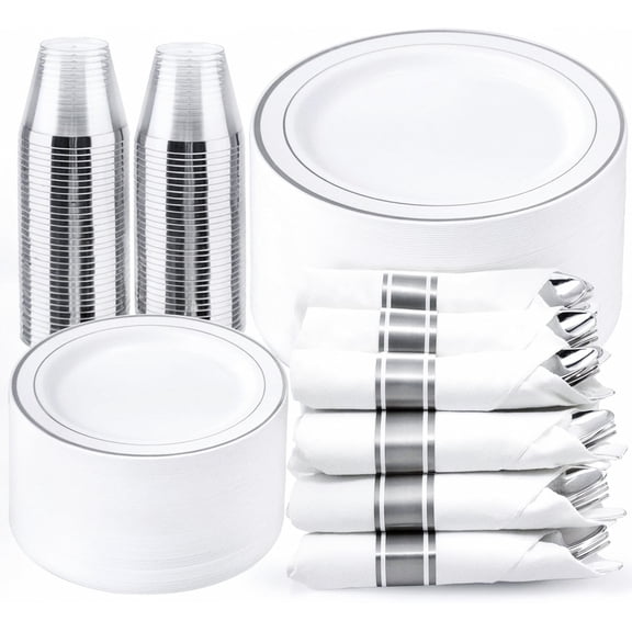 350Pcs Silver Plastic Plates Set for 50 Guests Disposable Dinnerware Pack