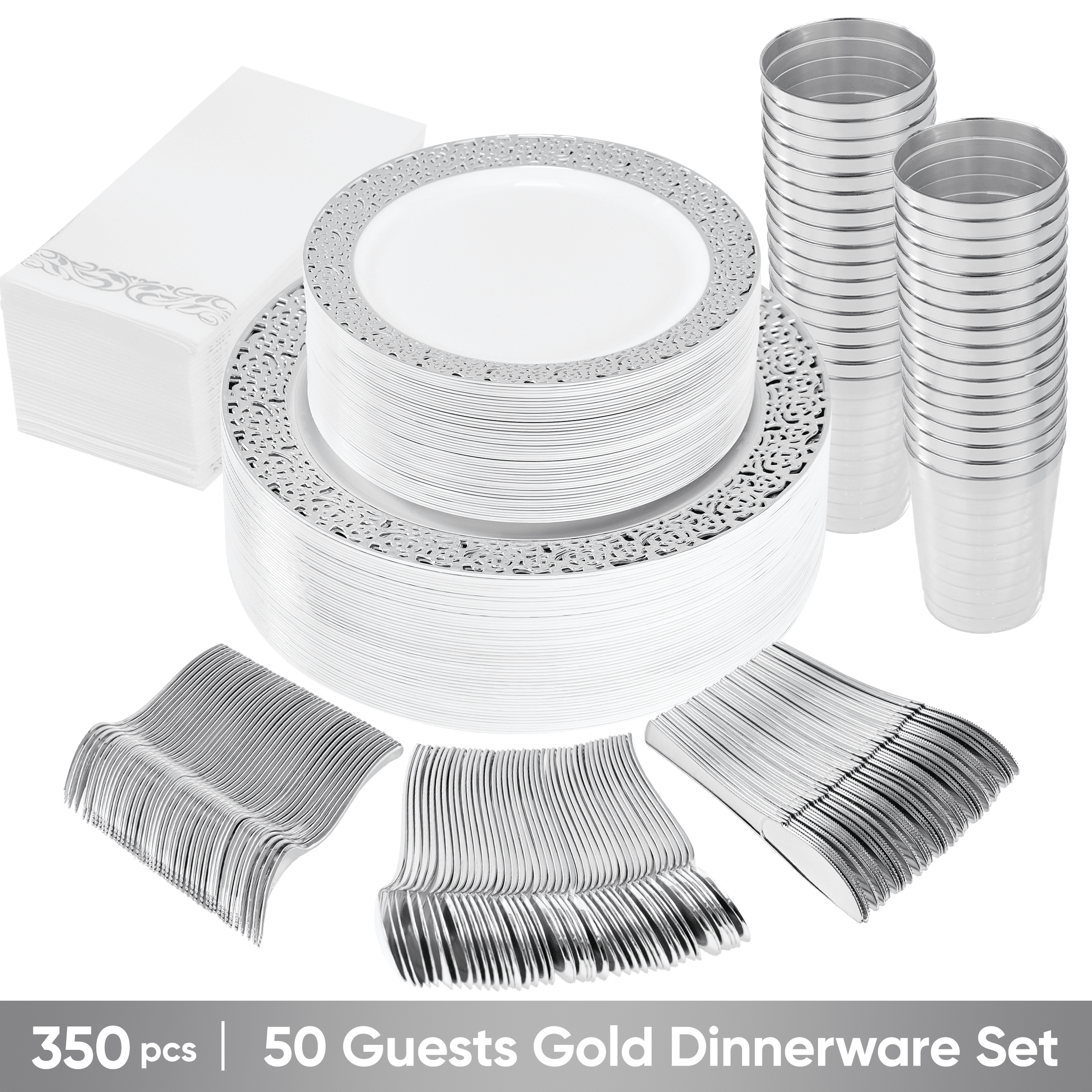 350Pcs Silver Plastic Plates Sets - Dinnerware Sets for 50 Guests,Decorative Plates for Festival Wedding Party