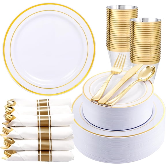 350Piece Gold Dinnerware Set for 50 Guests - Gold Plastic Plates with Disposable Cutlery - 50Dinner Plates-50Dessert Plates-50Pre Rolled Napkins with Silverware for Wedding/Mother's Day