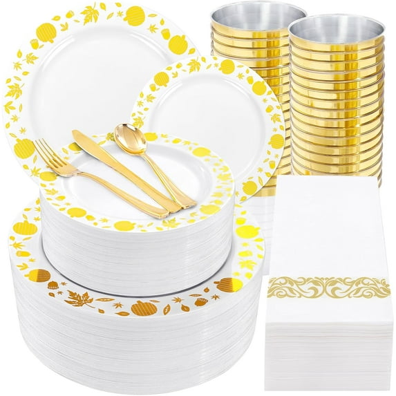 350Piece Gold Thanksgiving Dinnerware Set for 50 Guests - Gold Thanksgiving Plates Dinnerware with Disposable Cutlery Include:50Dinner Plates-50Dessert Plates-50Napkins with Gold Silverware
