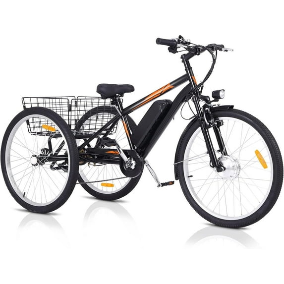 350W 24"/26" Adult Electric Tricycle Fat Tire Motorized Bicycle 36V 10Ah Battery Black & Orange