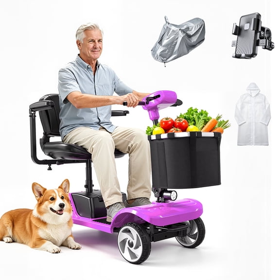 350W 4-Wheel Mobility Scooter for Seniors, 16 Miles 6.3Mph, 30% More Comfort Footrest, 300LBS Capacity, Foldable 24V12.5Ah Swivel Seat LED Light Anti-Tip
