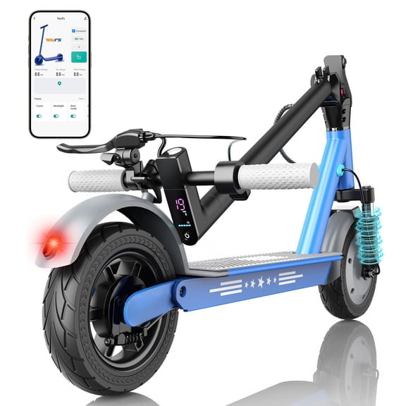 350W Electric Scooter for Adults, 19 MPH Top Speed, 21-28Mile Range, 10”Solid Tires, Folding Commuting E-Scooter with Dual Shock Absorption, Dual Braking Blue
