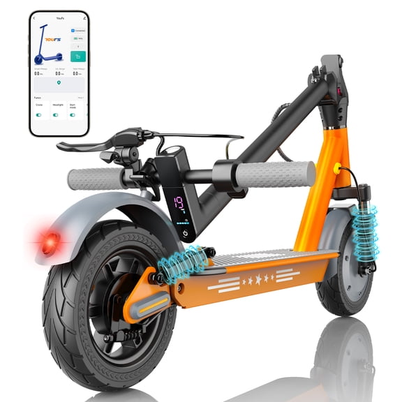 350W Electric Scooter for Adults, 19 MPH Top Speed, 21-28Mile Range, 10”Solid Tires, Folding Commuting E-Scooter with Dual Shock Absorption, Dual Braking Orange