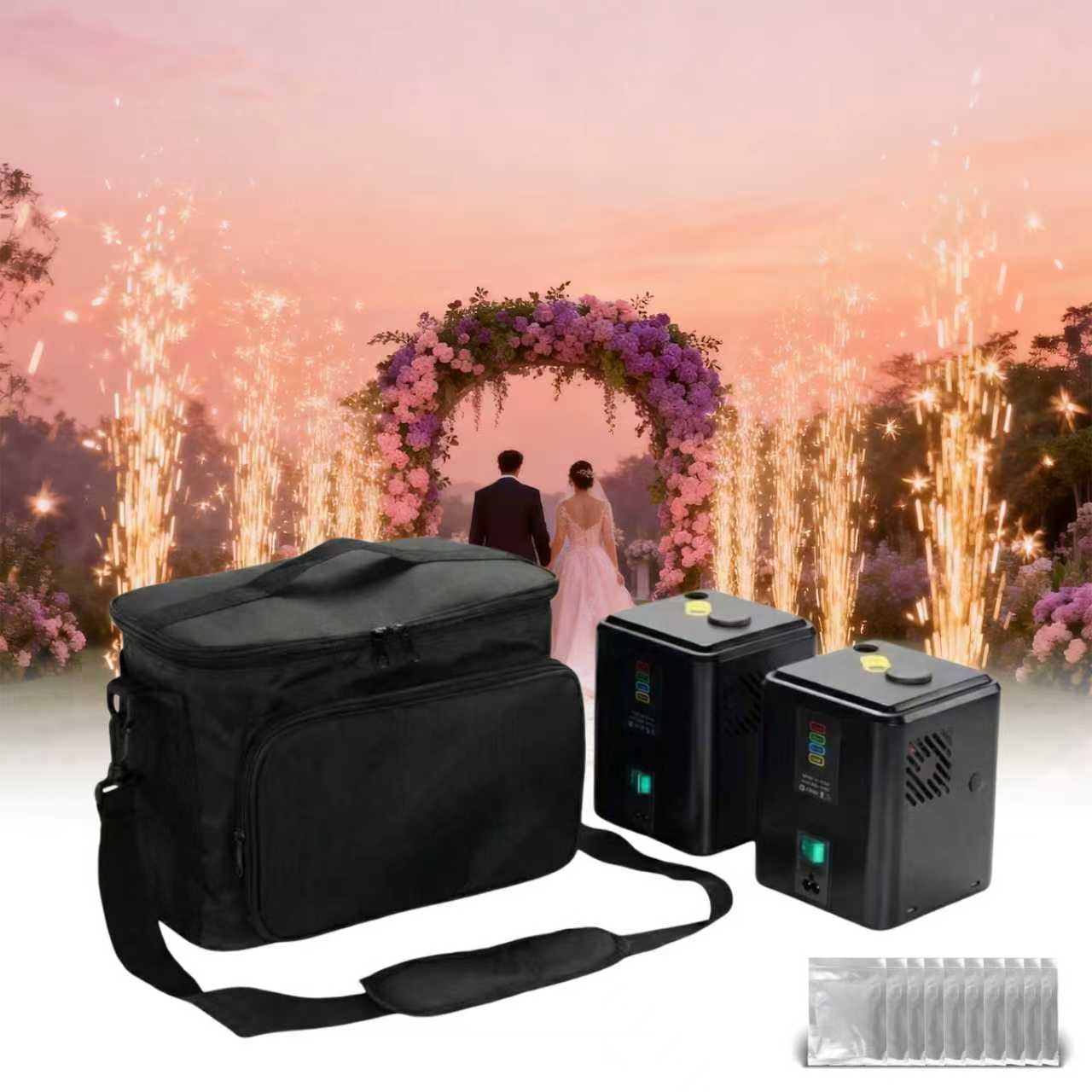 350W Mini Cold Spark Machine, (2 Black Unit+10 Packs Consumables+1 Bag), 3.5m Fountain Effect Portable Device for Stage Wedding Party Events DJ Shows, No DMX