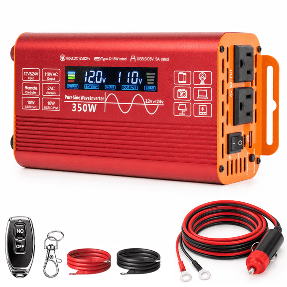 350W Pure Sine Wave Inverter, 12V to 110V, LCD Display, Type-C Fast Charging, Silent Design, Overload & Overheat Protection for RV, Home Red