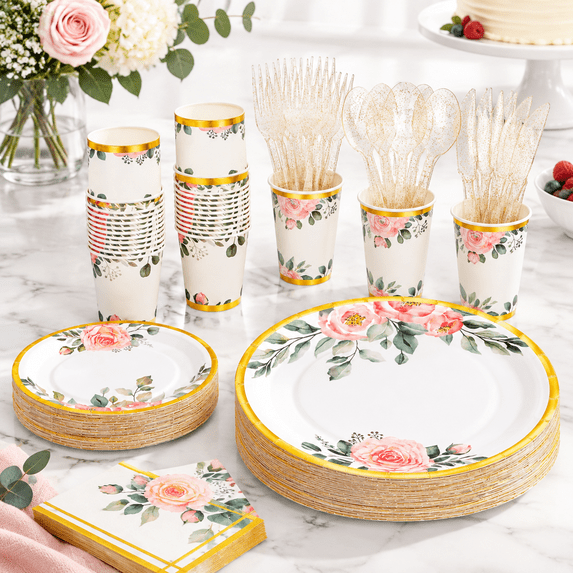 350flpaper Plates Set Disposable With Rim Serve 50 Guests Party ...