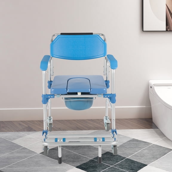 350lb Medical Mobility Elderly Potty Chair Waterproof Commode Shower Padded Toilet Seat Bedside Transport Rolling Wheelchair Footrest Aluminum