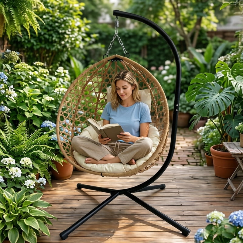350lbs Capacity Foldable Hanging Chair with Stand, HDPE Rattan Accent Swing Egg Chair with Cushions for Indoor/Outdoor