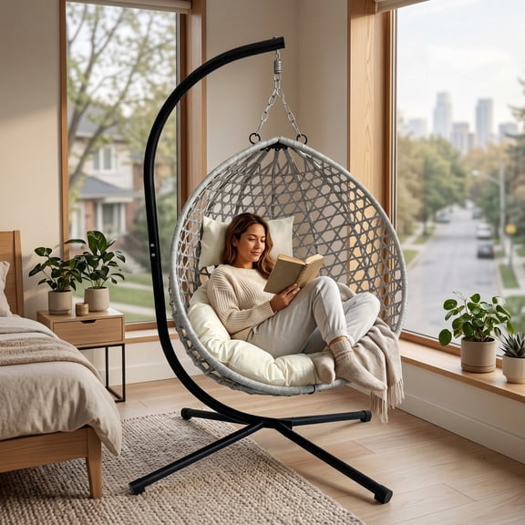 350lbs Capacity Foldable Hanging Chair with Stand, HDPE Rattan Accent Swing Egg Chair with Cushions for Indoor/Outdoor