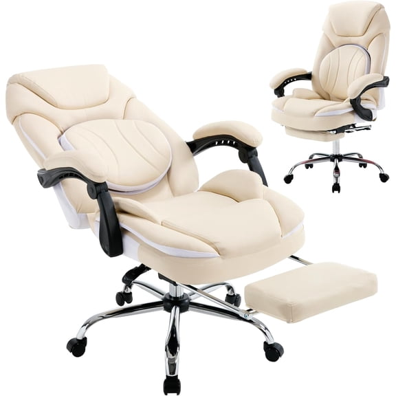 350lbs Ergonomic Reclining Executive Office Chairs with Footrest Back Support for Women Wide Seat Comfortable Padded Recliner Desk Chairs Managerial Executive Chairs, Beige
