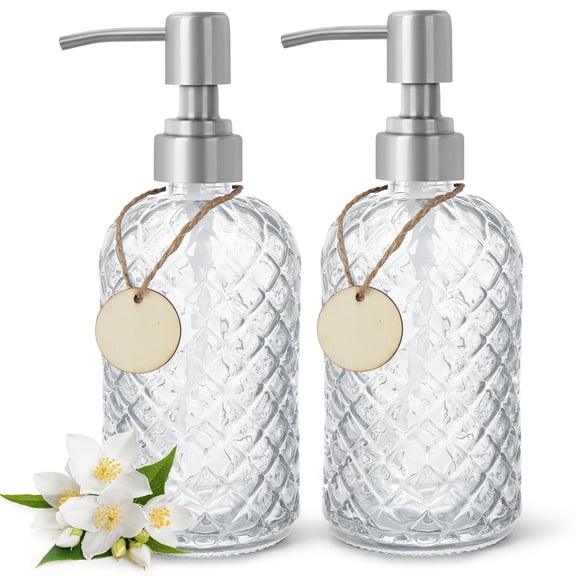 350ml Diamond Pattern Glass Dispenser 2-Piece Set - Metal Pump Head, Home Lotion Storage for Multi-Scenarios