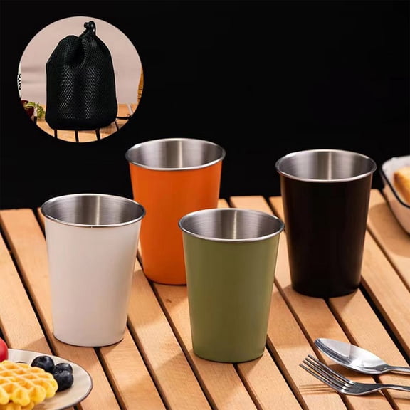 350ml Four-piece Set 304 Stainless Steel Camping Cup With Storage Bag, Stackable Stainless Steel Water Cups for Camping Hiking and Travel, Portable Outdoor Drinking Cup Set with Mesh Storage Bag