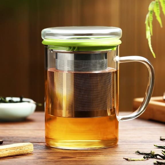 OUNONA 350ml Green Glass Tea Cup with Removable Strainer and Lid, , Ideal for Hot Tea Drinking