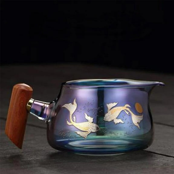 350ml Glass Wood Handle Color Burn Fair Cup Thickened Glass Side Handle Male Cup Home Tea Dispenser Tea Sea Kung Fu Tea Set