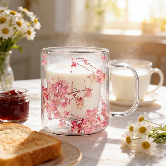 350ml Paper Flower Double Layer Cup, Insulated Coffee Cup High Value Household Milk Glass Gift for Women Home Kitchen Bar Drinkware Decorative Beverage Container, Colorful