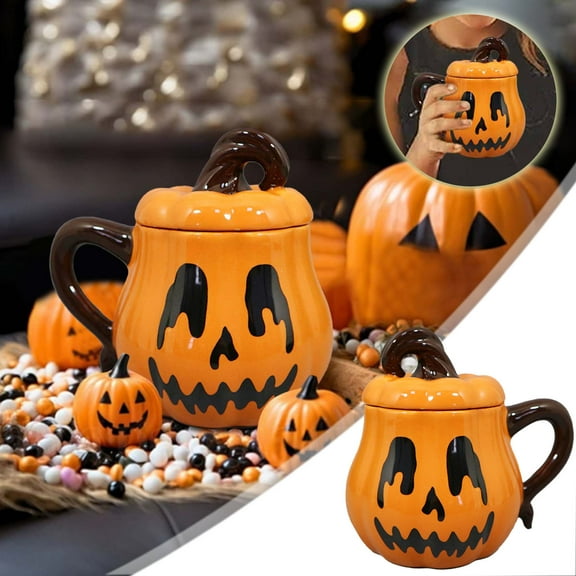350ml Pumpkin Shaped Mug - Ceramic Halloween Coffee Cup with Lid - Cute Cartoon Pumpkin Design for Hot Drinks, Halloween Party Favors & Fall Decor