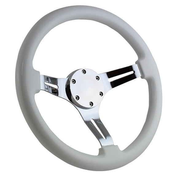 350mm Deep Dish Chrome Golf Cart Steering Wheel with White Grip and Horn Cover Plate