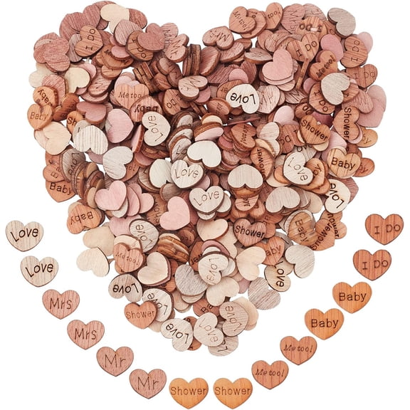 350pcs 4 Styles Small Love Heart Centerpieces Rustic Mini Wooden Wedding Decoration Heart with Love and Word Wood Cabochons Heart Shaped Log Slices for Wedding Party Decoration for DIY