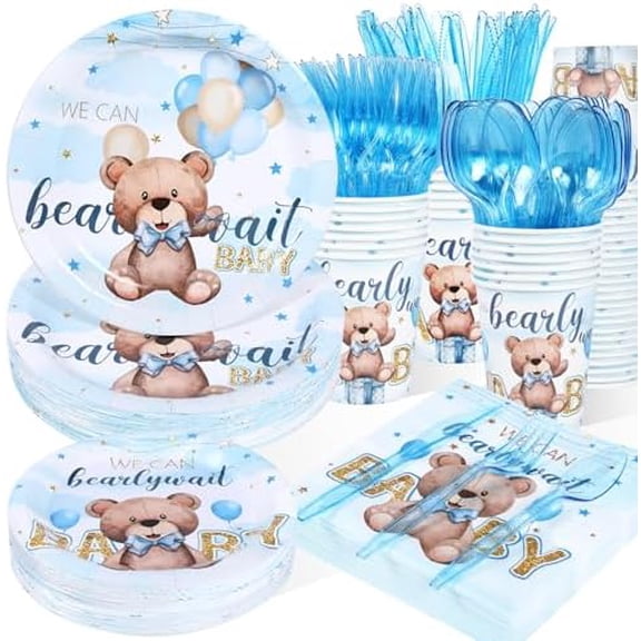 350pcs Bear Baby Shower Decorations for 50 Guests Party Supplies for Boy Include Paper Plate, Napkin, Cup and Disposable Plastic Tableware$$Home Decor, Kitchen, & Other
