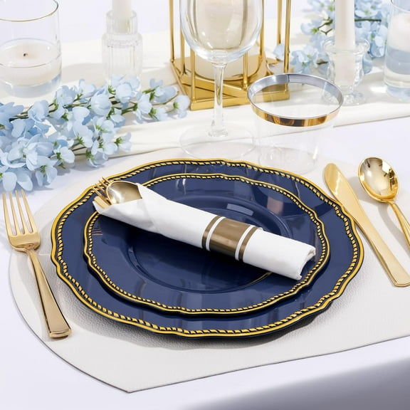 350pcs Blue and Gold Plastic Plates - Blue Plastic Dinnerware Set Includes 50 Dinner Plates, 50 Dessert Dinnerware, 50 Cups, 50 Rolled Napkin Cutlery Perfect for Wedding & Party