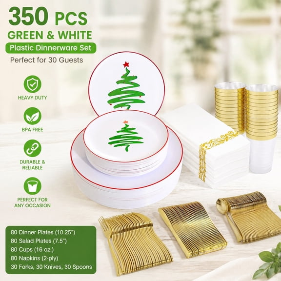 350pcs Christmas Plastic Dinnerware Set for 50 Guests, Disposable Plates Cups Silverware with Christmas Tree Design, Gold & Silver Party Tableware