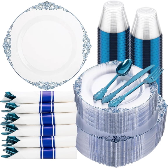 350pcs Clear Blue Plastic Plates - Elegant Disposable Dinnerware Set Suitable for 50 Guests Include 10.25" Dinner & 7.5" Dessert Plates, Pre Rolled Silverware Set, Cups for Party & Wedding