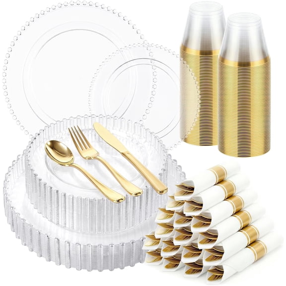 350pcs Clear Plastic Dinnerware Set for 50 Guests, Fancy Beaded Plates, Silverware, Cups, and Pre-Rolled Napkins, Ideal for Party, Event, and Outdoor Use